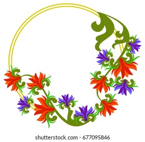 Round decorative frame with abstract beautiful flowers. Vector clip art.