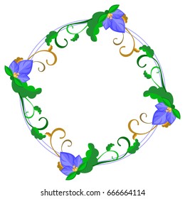 Round decorative frame with abstract blue flowers. Vector clip art.