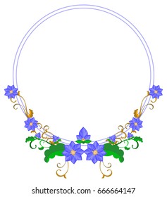 Round decorative frame with abstract blue flowers. Vector clip art.