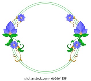 Round decorative frame with abstract blue flowers. Vector clip art.