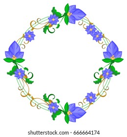 Round decorative frame with abstract blue flowers. Vector clip art.