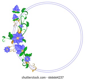 Round decorative frame with abstract blue flowers. Vector clip art.