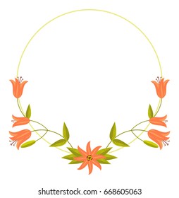 Round decorative frame with abstract orange flowers. Vector clip art.