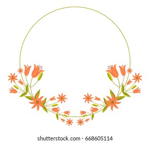 Round decorative frame with abstract orange flowers. Vector clip art.