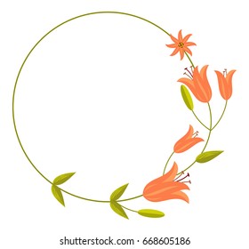 Round decorative frame with abstract orange flowers. Vector clip art.