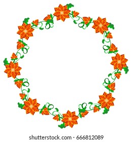 Round decorative frame with abstract red flowers. Vector clip art.