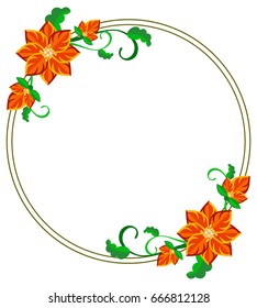 Round decorative frame with abstract red flowers. Vector clip art.