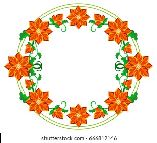 Round decorative frame with abstract red flowers. Vector clip art.