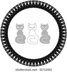 Round decorative frame with decorative black cats. Copy space available.