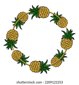 Round decorative frame, bright yellow pineapple fruit, copy space, vector illustration in cartoon style on a white background