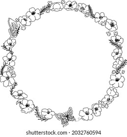 Marco decorativo redondo con mariposas y flores pequeñas y lindas