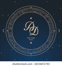Round decorative frame with clouds and stars. Vector hand drawn design element