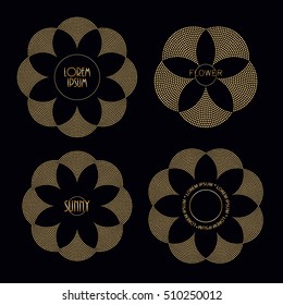 Round decorative frame from fan shaped elements. Vector abstract geometrical image of sun, flower from small golden stylized water drops. Logotype, emblem, badge design. Tee shirt print