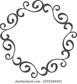 Round decorative frame featuring elegant flourishes creates a classic and ornate design, ideal for enhancing invitations, logos, or various embellishments for special occasions