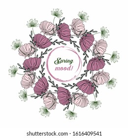 Round decorative frame with flowers, spring mood. Vector illustration