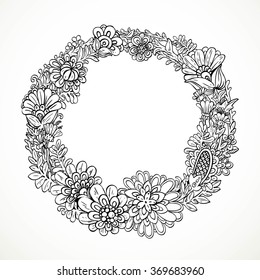 Round decorative frame from imaginary doodle flowers black and white drawing for coloring