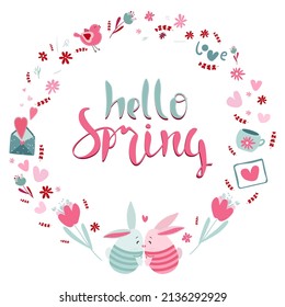 Round decorative frame with kissing cute bunnies and inscription "hello spring". Flat isolated illustration 