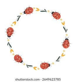 Quadro decorativo redondo com joaninha e ornamentos de flores. Elemento de borda bonito para design de cartão de saudação e decoração de verão.