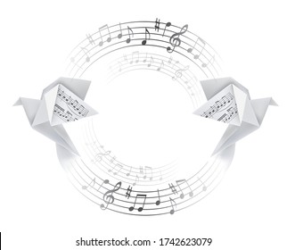 Round decorative frame with Origami doves with musical notes. 
Stylized illustration of paper pigeons and  circle  with musical notes. Poetic musical motif. Place for your text. Vector available.
