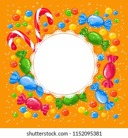 Round decorative frame of sweets. Place for text. Template for the booklet. vector illustration on an orange background.