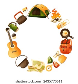 Plantilla de marco decorativa redonda hecha de equipo de viaje. Plantilla redonda con símbolos de turismo, camping de verano, expedición. Diseño para el viaje, tarjeta de invitación, póster, cubierta, banner de saludo.