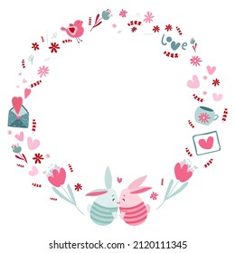 Round decorative frame for Valentine's Day with kissing cute bunnies. Flat isolated illustration 