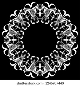 Round decorative frame white on black for interior, mirror, picture. Rosette for guitar. Circular vector pattern. Ornament in ethnic oriental style. Design element