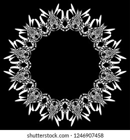 Round decorative frame white on black for interior, mirror, picture. Rosette for guitar. Circular vector pattern. Ornament in ethnic oriental style. Design element