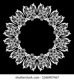 Round decorative frame white on black for interior, mirror, picture. Rosette for guitar. Circular vector pattern. Ornament in ethnic oriental style. Design element