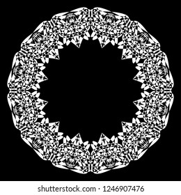 Round decorative frame white on black for interior, mirror, picture. Rosette for guitar. Circular vector pattern. Ornament in ethnic oriental style. Design element