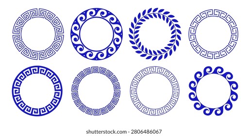 Round decorative Greek frame collection with geometric meander borders and traditional Mediterranean ornament. Modern blue and white vector illustrations set.