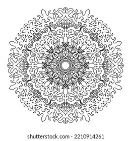 Round decorative mandala for coloring. Illustration of antistress. Decorate a black and white mandala card. Perfect greeting cards for any other design, birthday and other holiday, kaleidoscope, medal