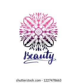Round decorative ornament element. Mandala art with gradient. Lettering inscription beauty.