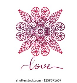 Round decorative ornament element. Mandala art with gradient. Lettering inscription love.