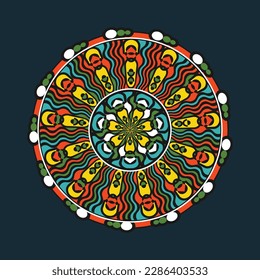 Round decorative panel, dish, mandala with an original radial ornament. Dark blue background. Vector illustration