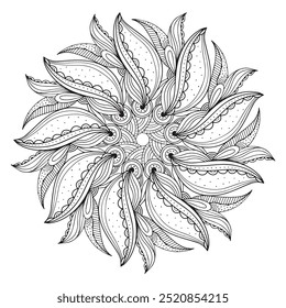 Ilustración dibujada a mano en blanco y negro de patrón decorativo redondo para colorear 