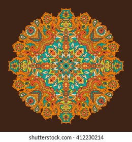 Round decorative pattern on a simple background. Round mandala design element. Ethnic circular pattern on plain dark background.