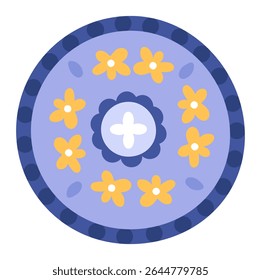Round decorative plate featuring a floral pattern of yellow flowers and a central motif on a light purple background, accented by a dark purple dotted border
