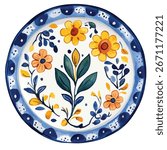 A round decorative plate featuring stylized flowers and foliage in shades of blue, yellow, and orange, with a blue patterned border.