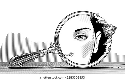 Round decorative retro mirror on a wooden table with reflection of a woman's face. Vintage engraving stylized drawing. Vector Illustration