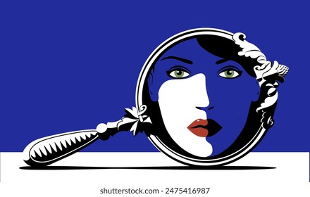 Espejo retro decorativo redondo con reflejo de la cara de una mujer en colores azul, blanco y negro. Dibujo en estilo plano colorido. Ilustración vectorial