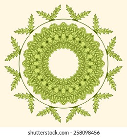 Round decorative rosette with green leaves. Circular pattern.