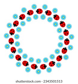 Round decorative summer frame with ladybugs and blue flowers design template.	
