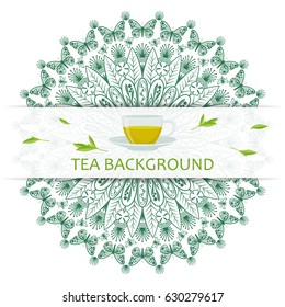Round decorative tea mandala with leaves and flowers of a tea plant, butterfly, honey bee,  transparent mug with a hot drink. Color vector isolated on background.
