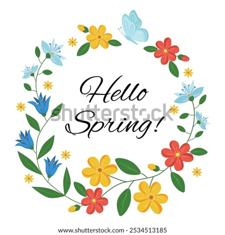 Round decorative vector frame of wildflowers, flat bright images, hello spring on white background