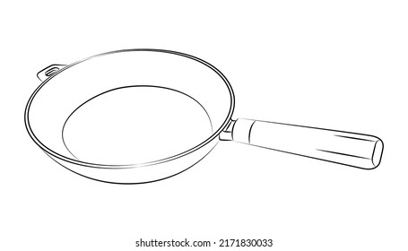 Round deep frying pan. Cast iron skillet with wooden handle. Ecological and safe cooking utensils. Use for menu design in restaurant, cafe. Sketch, linear contour drawing in minimalist style