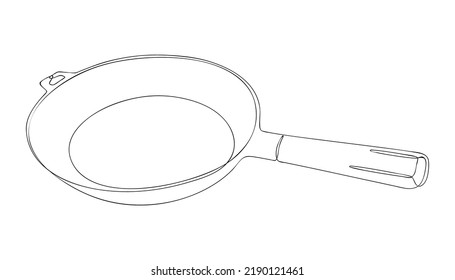 Round deep frying pan. One continuous line drawing. Cast iron skillet with wooden handle. Ecological and safe cooking utensils. Use for menu design in restaurant, cafe. Sketch, linear contour drawing