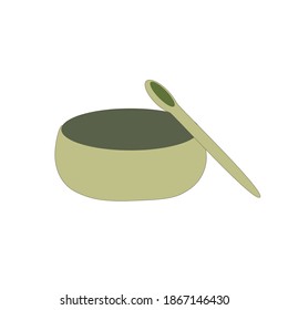 Round deep plate with a spoon on a white background. Dishes. Vector illustration.