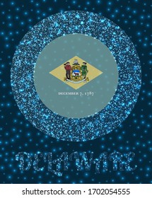 Tarjeta redonda Delaware. Indicador de Delaware con un estilo de malla de red brillante. Logo de la red estatal de Estados Unidos. Increíble ilustración vectorial.