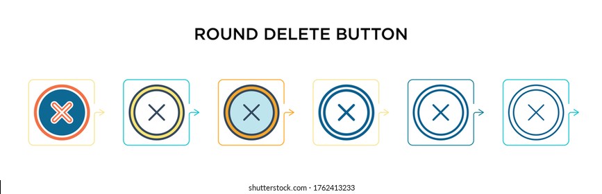 Round delete button vector icon in 6 different modern styles. Black, two colored round delete button icons designed in filled, outline, line and stroke style. Vector illustration can be used for web,
